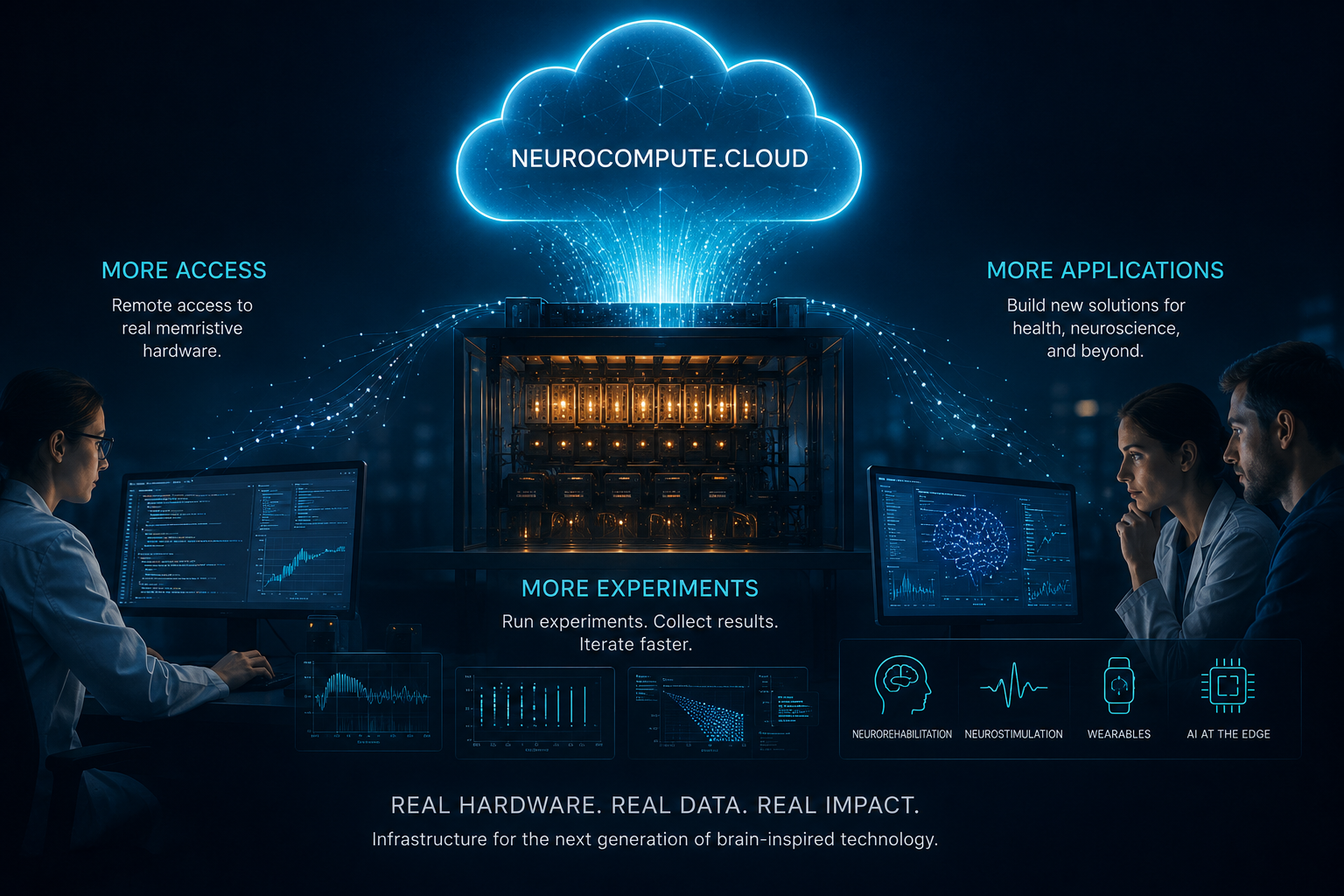 NeuroCompute.cloud service concept showing more access to real memristive hardware, more experiments, and more applications in health, neuroscience, wearables and edge AI